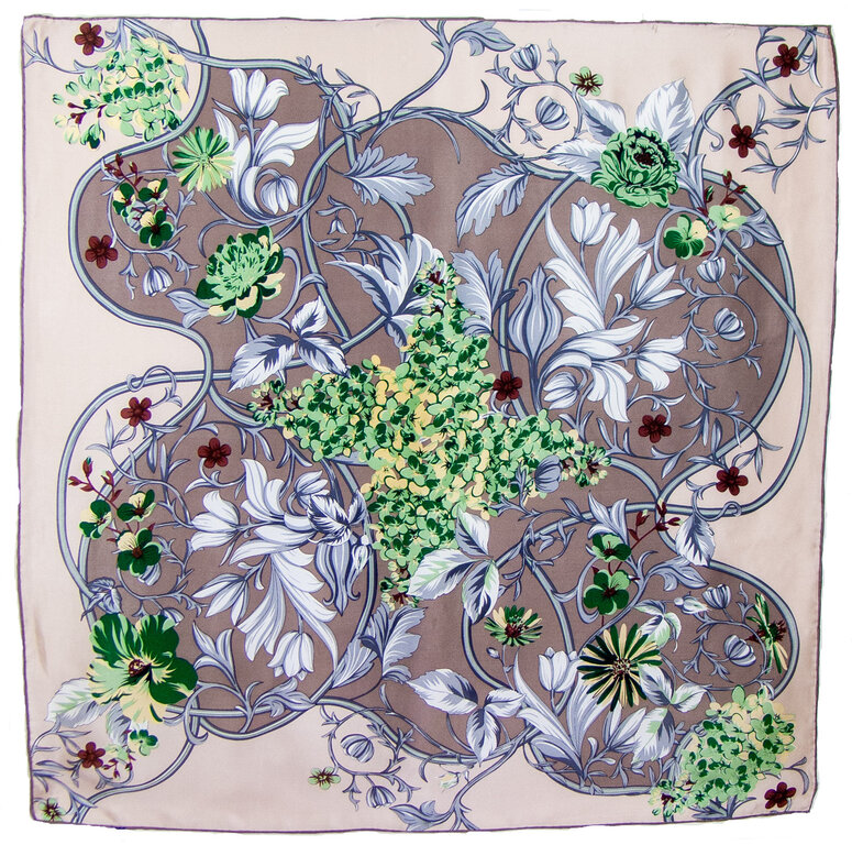 Foulard Carré Vintage Soie Et Satin – Motif Feuilles De Chêne Sépia – Chic Rétro