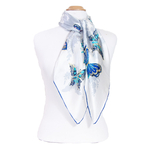 Foulard blanc femme carré en soie papillons bleus Cécilia