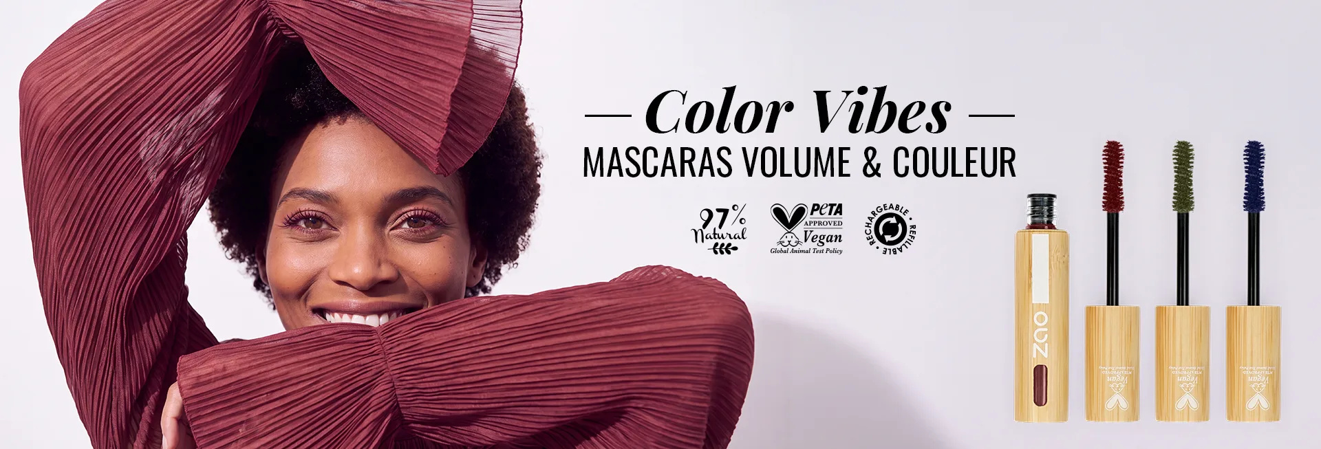 Color Vibes — mascaras ZAO Kaki, Burgundy et Bleu nuit