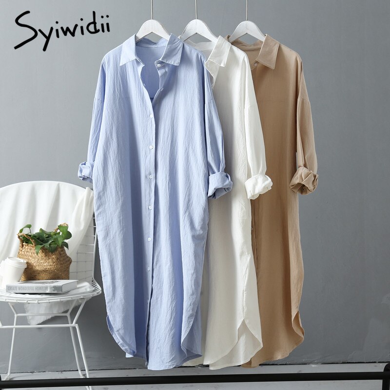 Syiwidii-robe-chemise-longue-en-coton-ample-v-tements-cor-ens-surdimensionn-e-kaki-blanc-bleu
