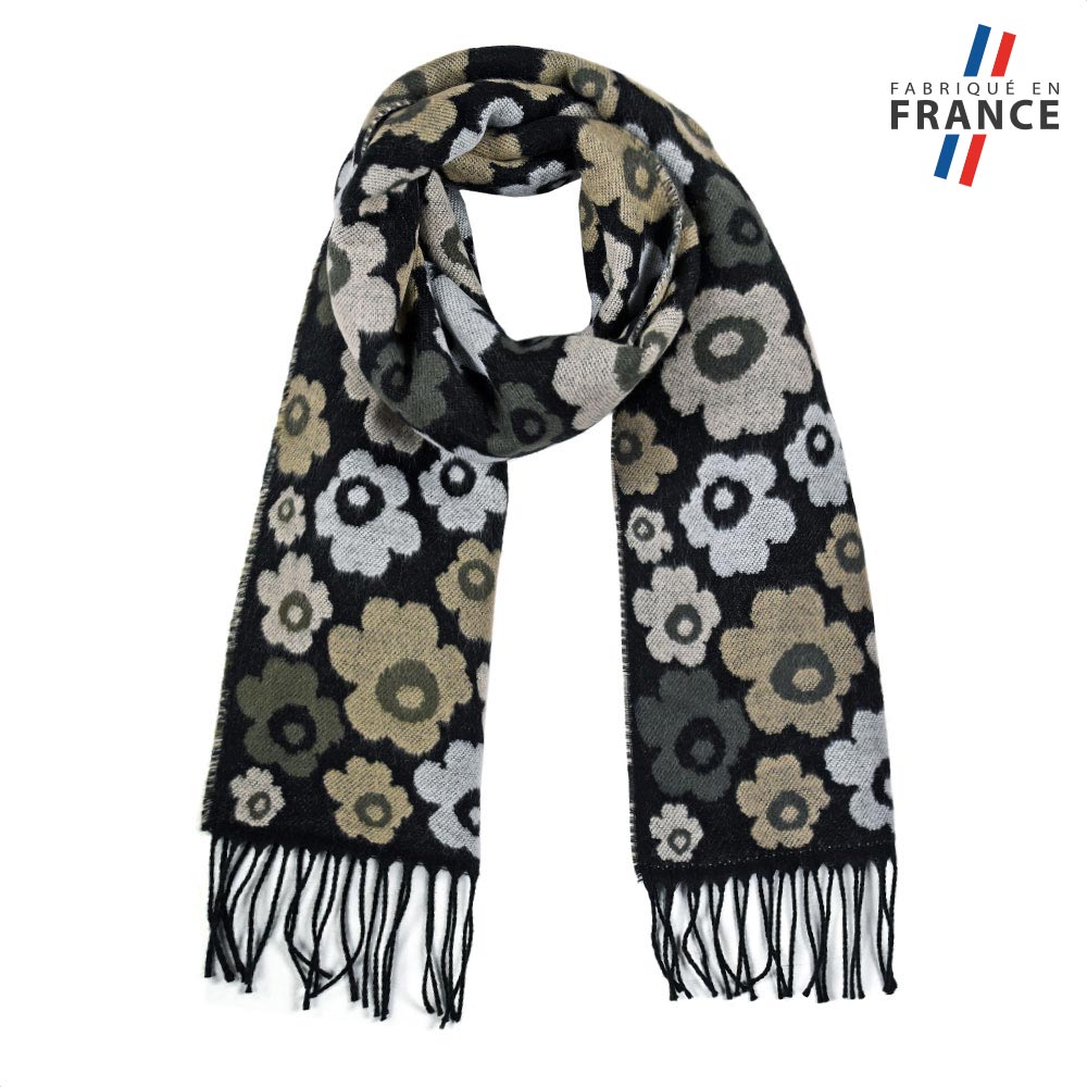 Echarpe à carreaux et fleurs - Noir