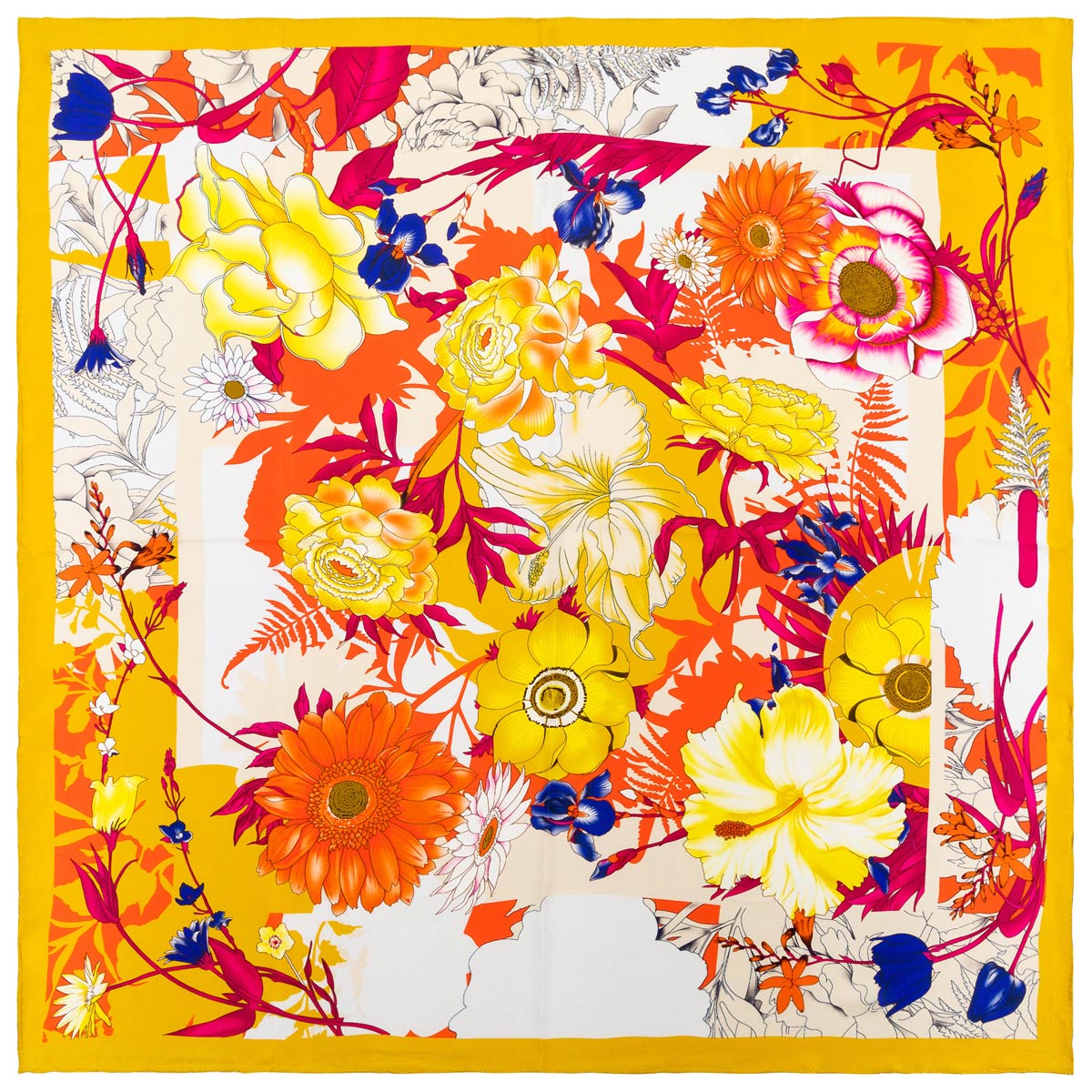 Carré De Soie Multicolore - 100% Pure Soie, Motifs Bleu, Marron, Orangé Et Jaune