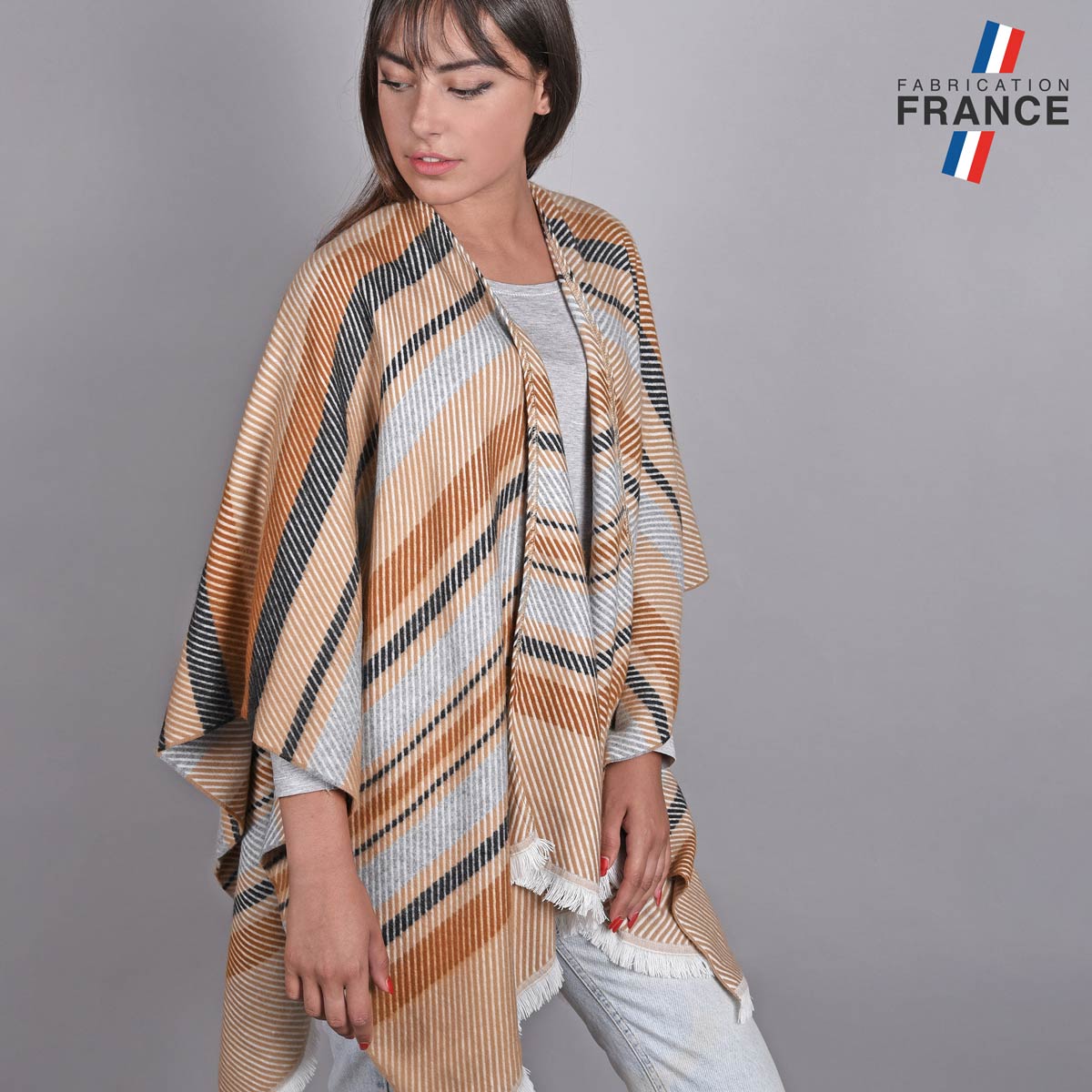 Poncho-femme-rayures-marron-beige-made-in-France--AT-04815