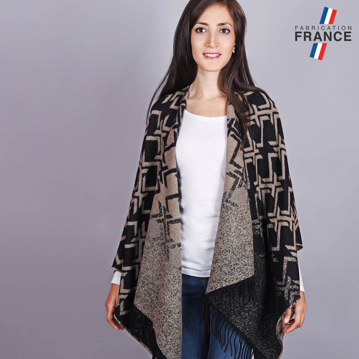 Poncho-femme-noir-beige-made-in-France--AT-04779