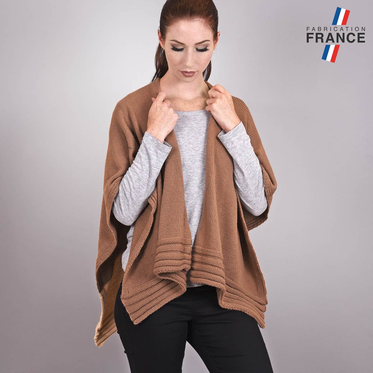 Poncho-femme-taupe-creme-fabrication-francaise-AT-03197