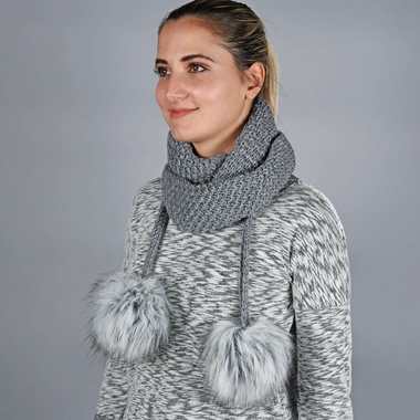 Écharpe tissée main 100% laine pompons - NANCY Moka