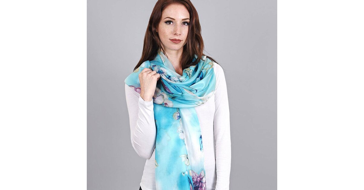 Étole Bleue Légère à Imprimé Fleurs - Accessoire Tendance Pour Sortie Ou Soirée