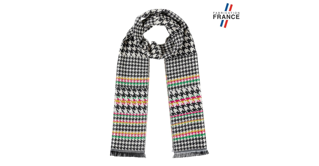 Foulard écharpe En Soie Crème Motif Pied-de-poule - Pour Femme - Bon état