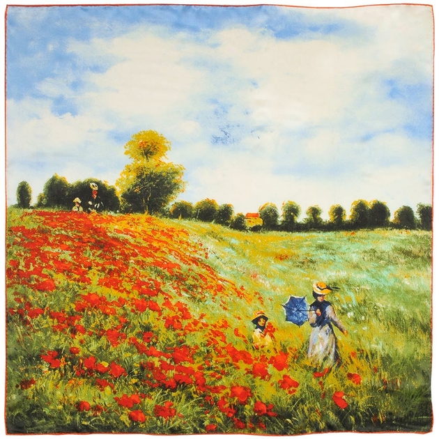 Foulard Carré 90x90cm En Soie Pure – Impression Claude Monet, Bord Roulé Main – Châle Femme Élégant