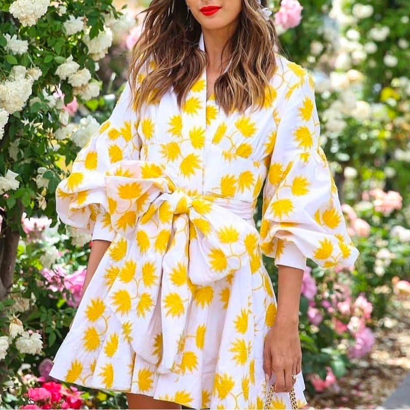 TWOTWINSTYLE-Summer-Print-Embroidery-Women-Dress-V-Neck-Lantern-Sleeve-High-Waist-Lace-Up-Mini-Dresses