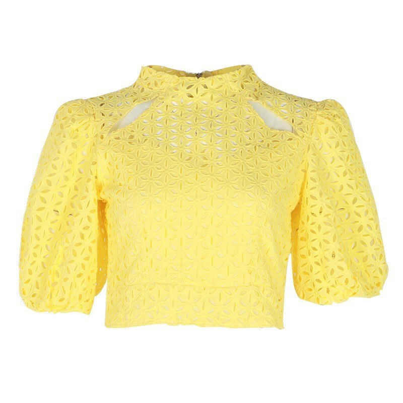 TWOTWINSTYLE-Vintage-Hollow-Out-Women-Blouse-Stand-Half-Sleeve-Solid-Loose-Shirt-Female-Summer-2019-Fashion