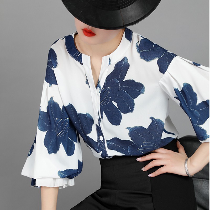 Deuxtwinstyle-t-fleur-imprimer-femmes-Blouse-O-cou-Flare-manches-bouton-l-che-mousseline-de-soie