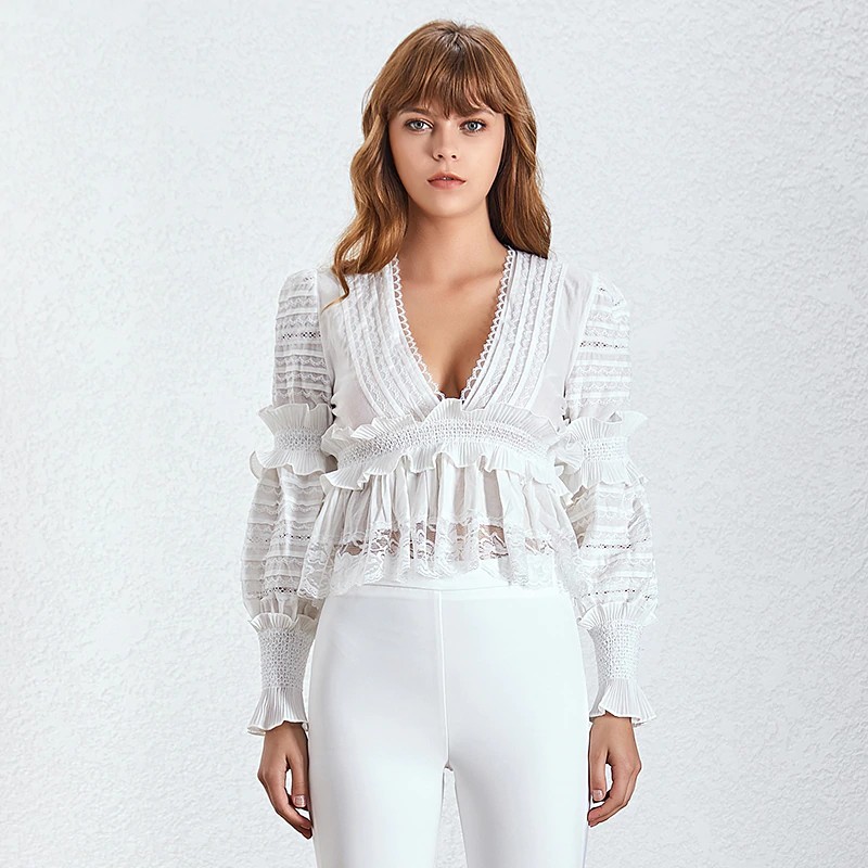 Blouse Volantée à Crochet Col V TERRY 2 Coloris