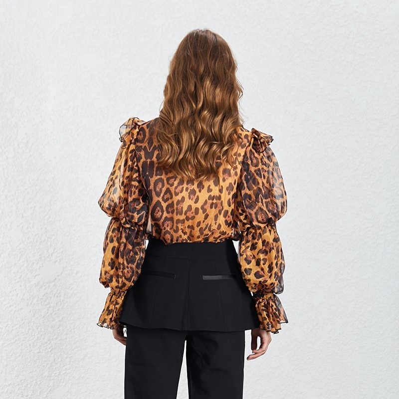 TWOTWINSTYLE-Leopard-Print-Shirt-Women-Puff-Long-Sleeve-Bowknot-With-Vest-Chiffon-Tops-Female-Vintage-2019