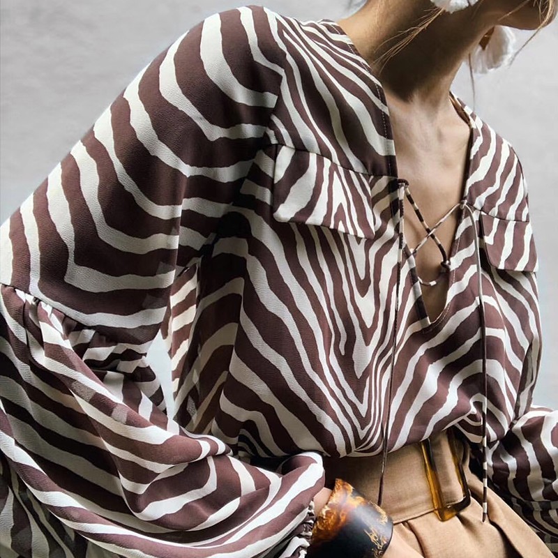 TWOTWINSTYLE-Casual-Striped-Women-Blouse-V-Neck-Lantern-Sleeve-Bandage-Oversize-Shirt-Female-Summer-2019-Fashion
