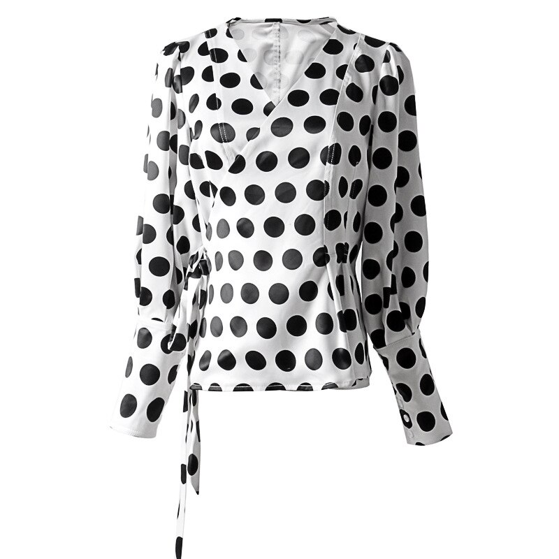 TWOTWINSTYLE-Polka-Dot-Kimono-Shirt-Blouse-Women-V-Neck-Lantern-Sleeve-Lace-up-Chiffon-Tops-Female