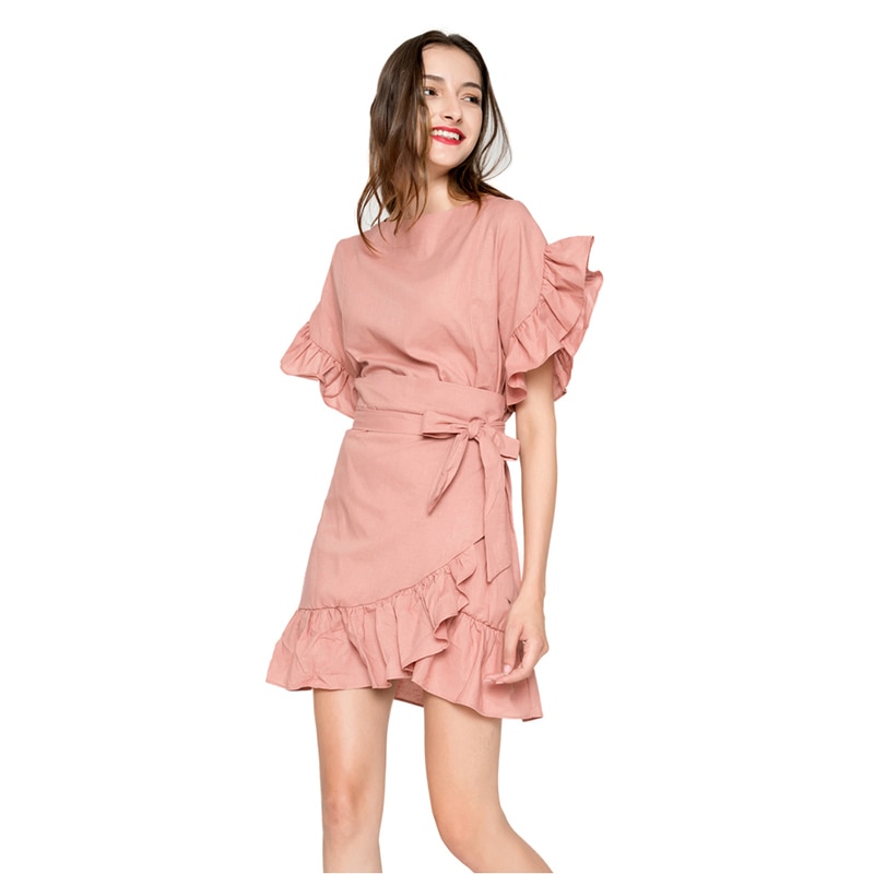 TWOTWINSTYLE-Ruffles-Dress-For-Women-Petal-Sleeve-With-Belt-High-Waist-Irregular-Dresses-Dresses-Female-Fashion