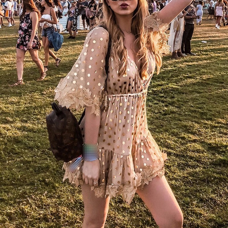 TWOTWINSTYLE-Mesh-Patchwork-Dress-Women-Dot-Embroidery-V-Neck-Flare-Sleeve-Draw-String-High-Waist-Mini