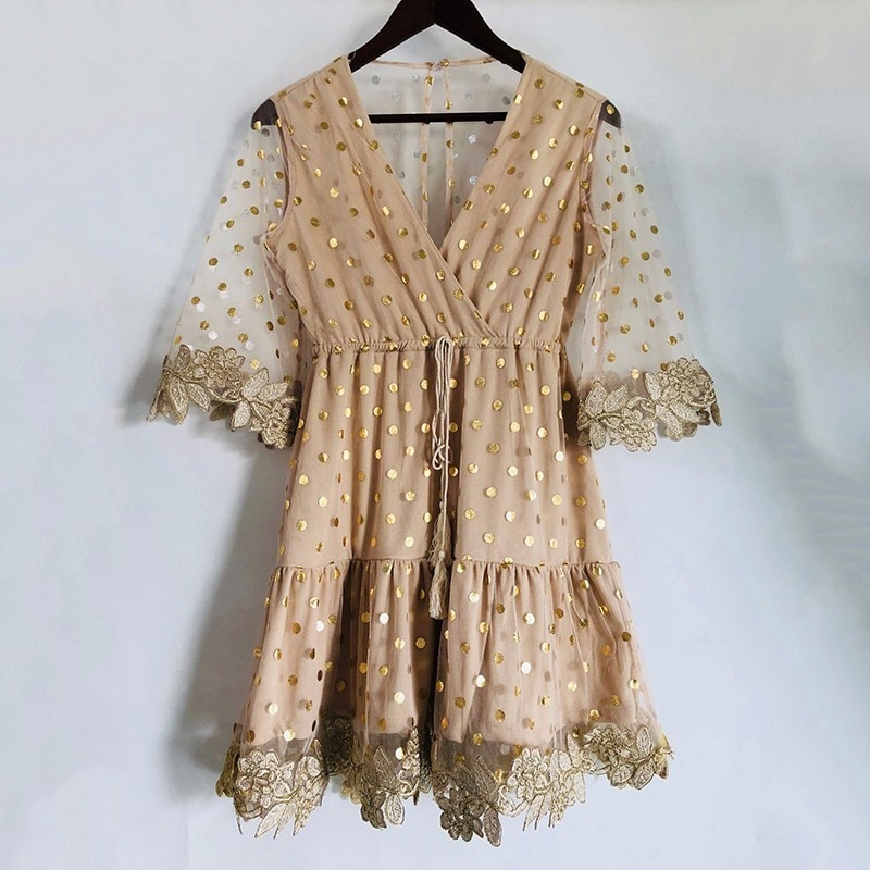 TWOTWINSTYLE-Mesh-Patchwork-Dress-Women-Dot-Embroidery-V-Neck-Flare-Sleeve-Draw-String-High-Waist-Mini