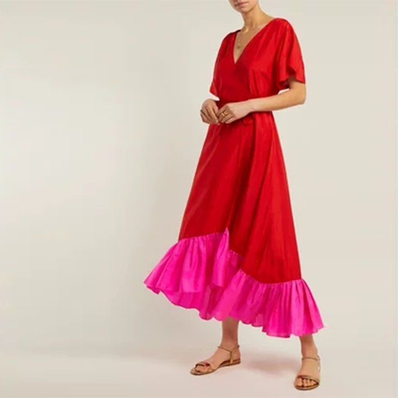 TWOTWINSTYLE-Elegant-Asymmetrical-Dress-Women-V-Neck-Short-Sleeve-High-Waist-Lace-Up-Hit-Color-Long