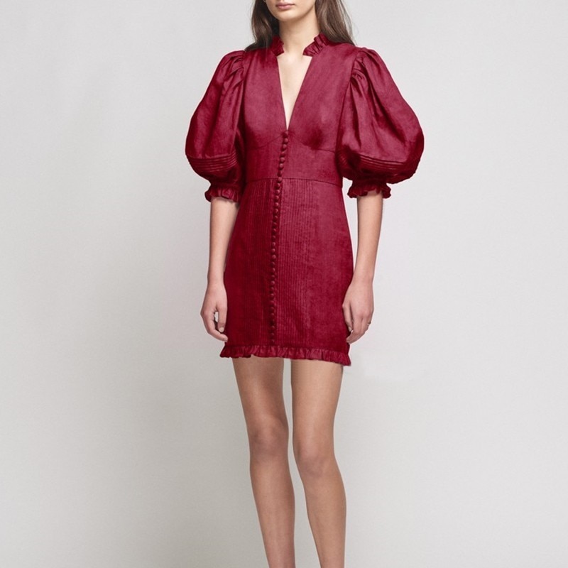 TWOTWINSTYLE-Vintage-Solid-Slim-Dress-Women-V-Neck-Puff-Sleeve-High-Waist-Button-Ruched-Ruffels-Mini