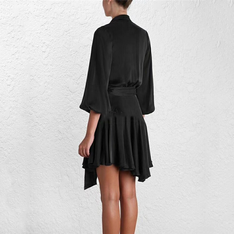 TWOTWINSTYLE-Lace-Up-Dress-For-Women-V-Neck-Lantern-Sleeve-High-Waist-Draped-Irregular-Mini-Dresses