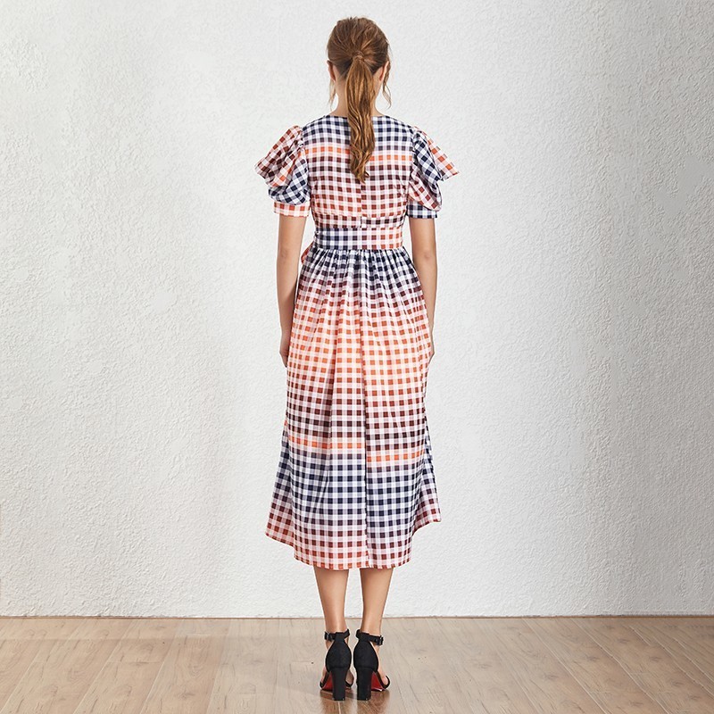 TWOTWINSTYLE-Casual-Hit-Color-Women-Dress-V-Neck-Puff-Sleeve-High-Waist-Lace-Up-Plaid-Long