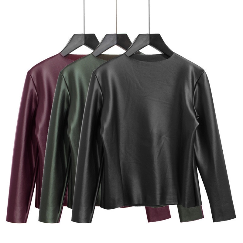 TWOTWINSTYLE-PU-Glossy-Vlevet-Long-Sleeve-T-Shirts-For-Women-Basic-Thick-Warm-Elastic-Tops-Female
