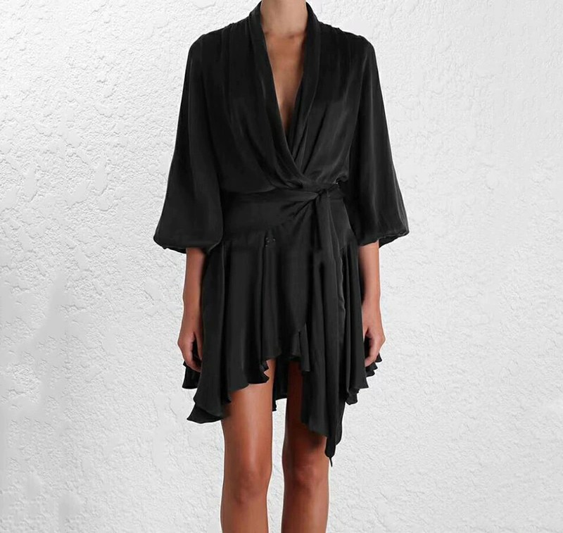 Robe Satinée Volantée Asymétrique à Manches Lanternes  SYA 4 Coloris