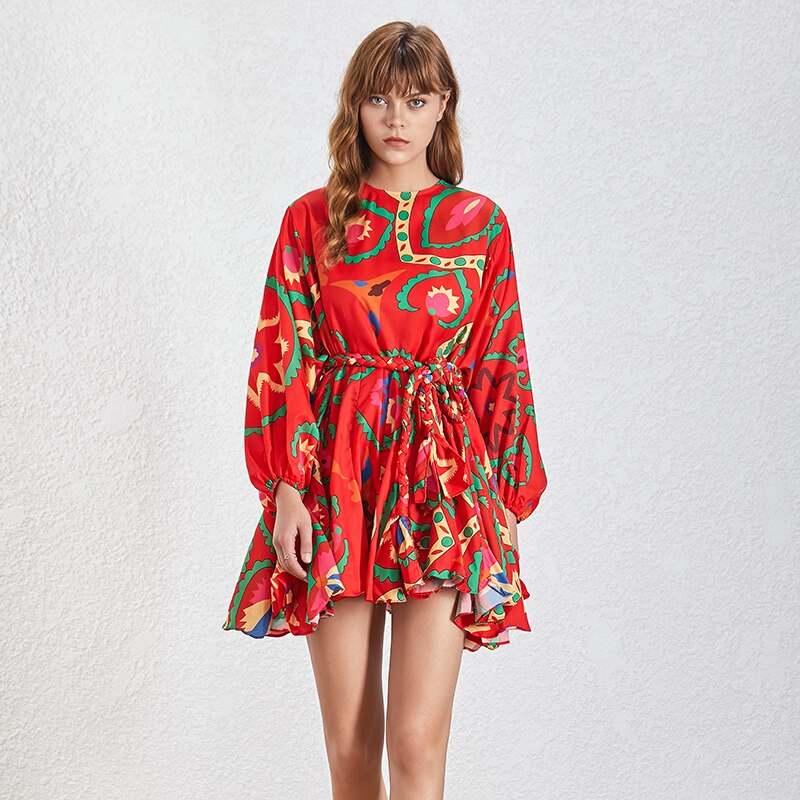 TWOTWINSTYLE-Summer-Print-Women-s-Dress-O-Neck-Long-Sleeve-Bandage-High-Waist-Slim-A-Line