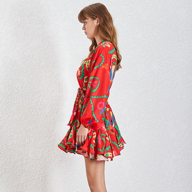 TWOTWINSTYLE-Summer-Print-Women-s-Dress-O-Neck-Long-Sleeve-Bandage-High-Waist-Slim-A-Line