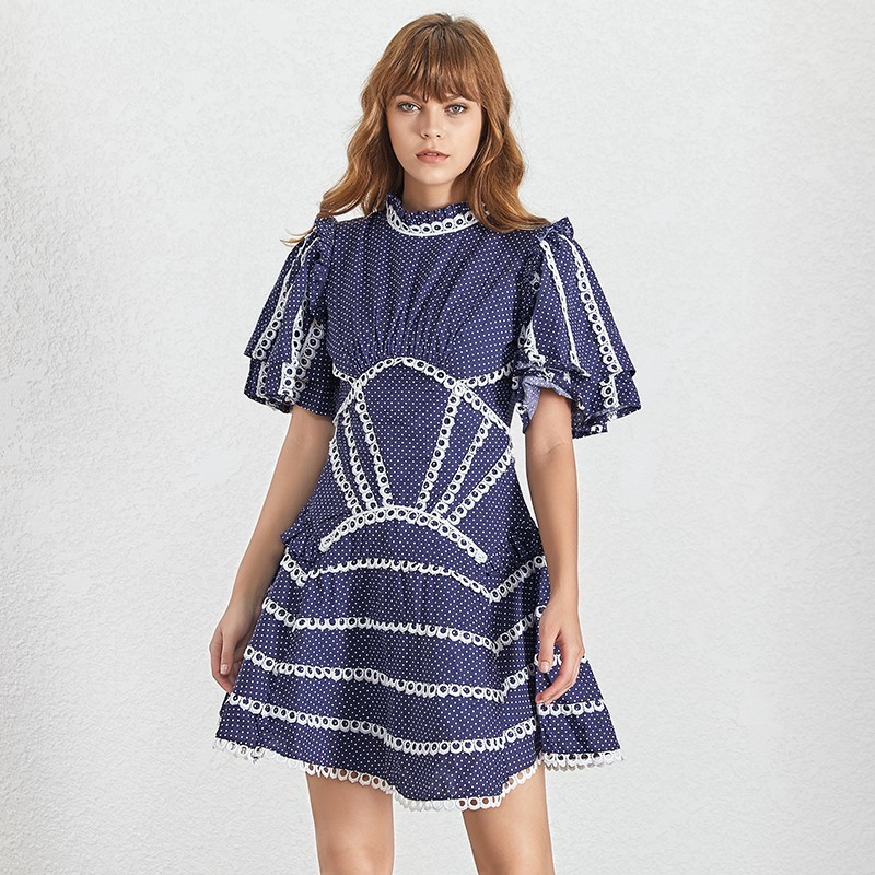 TWOTWINSTYLE-Sexy-Backless-Dresses-Women-Stand-Collar-Short-Sleeve-High-Waist-Patchwork-Lace-Polka-Dot-Female