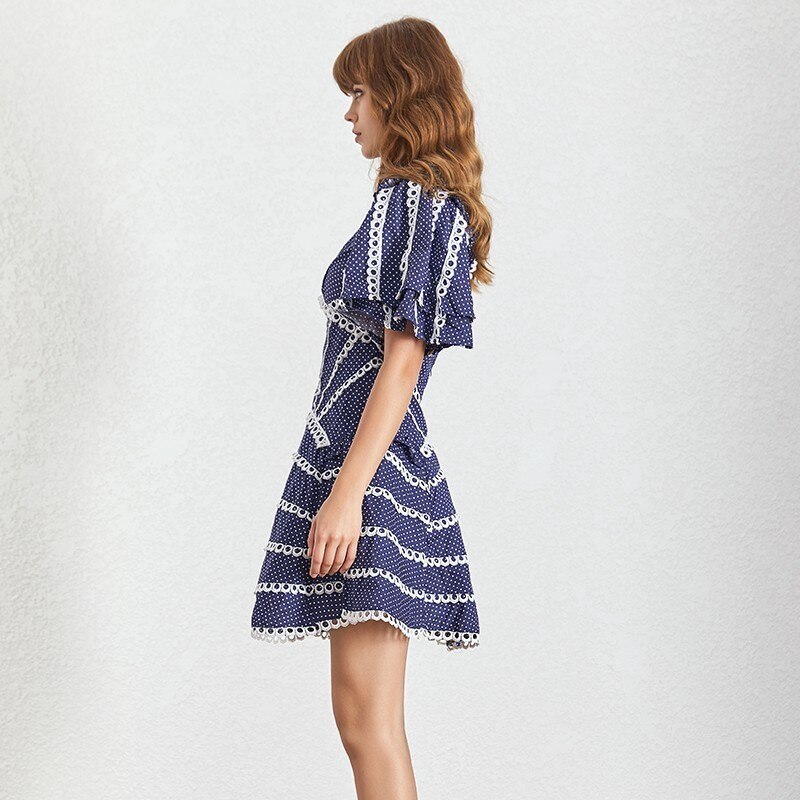 TWOTWINSTYLE-Sexy-Backless-Dresses-Women-Stand-Collar-Short-Sleeve-High-Waist-Patchwork-Lace-Polka-Dot-Female