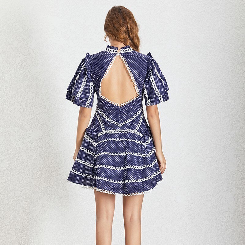 TWOTWINSTYLE-Sexy-Backless-Dresses-Women-Stand-Collar-Short-Sleeve-High-Waist-Patchwork-Lace-Polka-Dot-Female