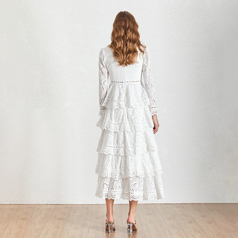 TWOTWINSTYLE-Summer-V-Neck-Long-Sleeve-Hollow-Out-Midi-Women-s-Dress-Ruffle-High-Waist-A
