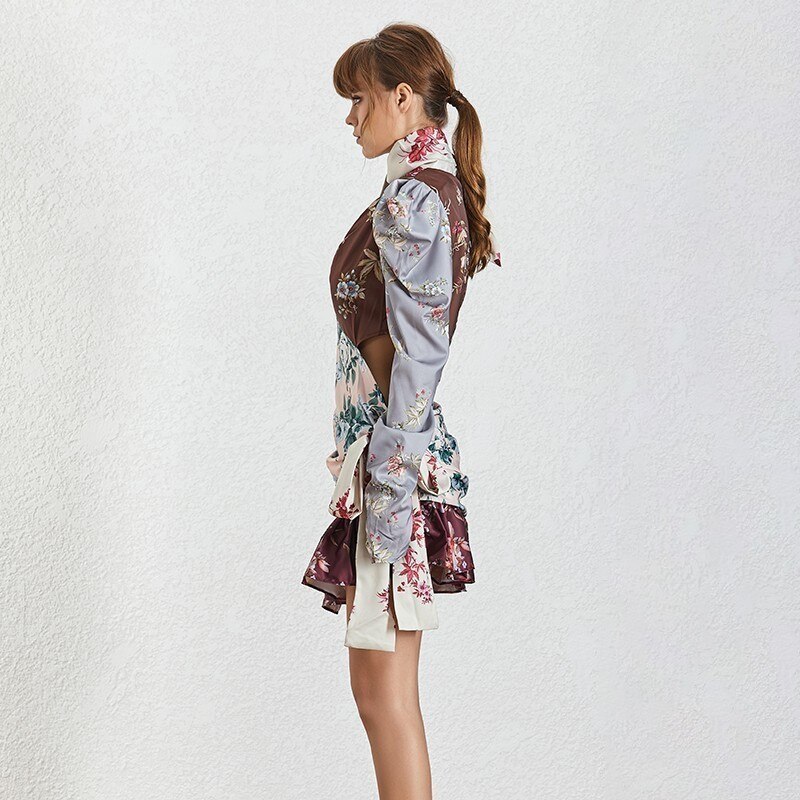 TWOTWINSTYLE-Vintage-Hit-Color-Women-Dress-Stand-Puff-Sleeve-High-Waist-Bandage-Slim-Asymmetrical-Print-Dresses