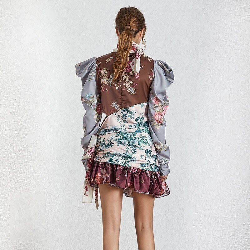 TWOTWINSTYLE-Vintage-Hit-Color-Women-Dress-Stand-Puff-Sleeve-High-Waist-Bandage-Slim-Asymmetrical-Print-Dresses
