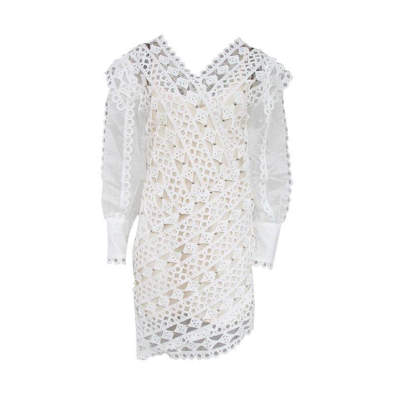 TWOTWINSTYLE-Summer-Vintage-Women-s-Dress-V-Neck-Lantern-Sleeve-Hem-Asymmetrical-Hollow-Out-Mini-Dresses