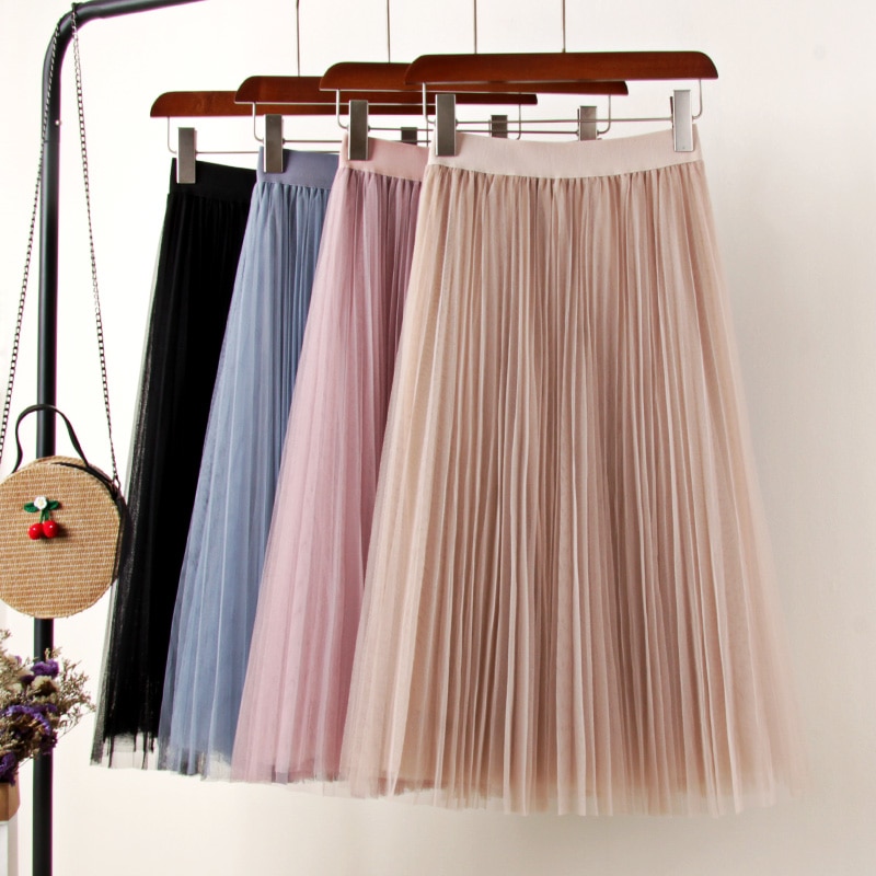 Tulle-Skirts-Womens-Midi-Pleated-Skirt-Black-Pink-Tulle-Skirt-Women-2019-Spring-Summer-Korean-Elastic