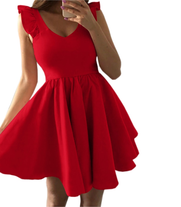 Cute-Party-Dress-Sweet-V-neck-Mini-Dress-Ruffles-Sleeve-A-line-Outwear-Red-Dress-2019