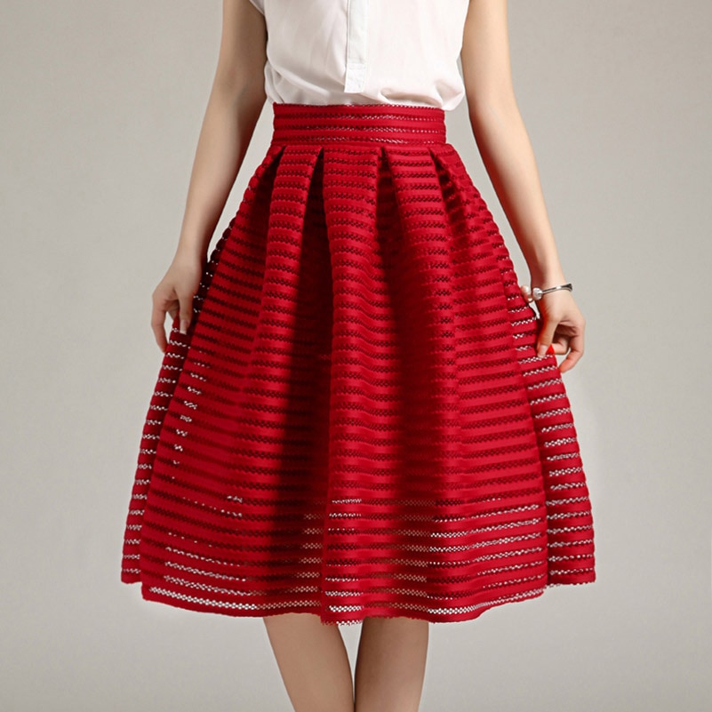 2017-Large-Size-Summer-Style-Vintage-Skirt-Solid-Reds-Women-Skirts-Casual-Hollow-out-fluffy-Pleated