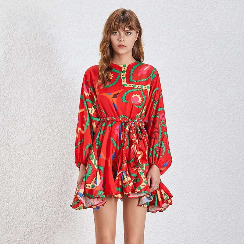 Robe Courte Rouge Imprimée Ceinturée Volantée ROG