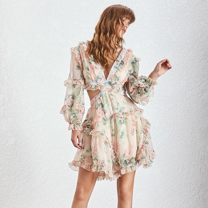 TWOTWINSTYLE-Print-Hollow-Out-Sexy-Women-Dress-V-Neck-Lantern-Sleeve-High-Waist-Ruffles-Mini-Dresses
