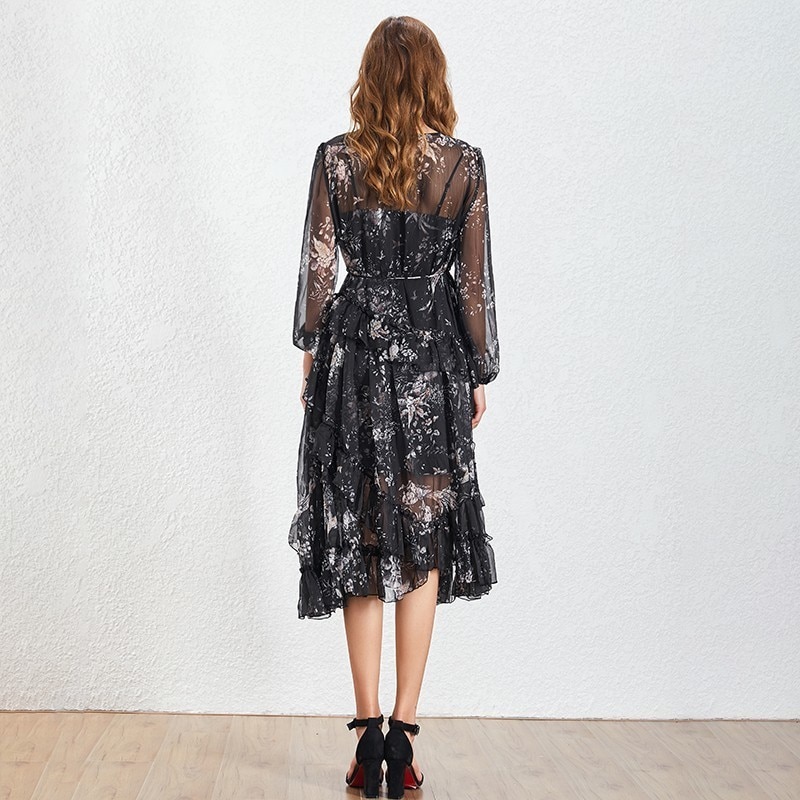 TWOTWINSTYLE-Vintage-Asymmetrical-Women-Dress-O-Neck-Long-Sleeve-High-Waist-Tassel-Bandage-Loose-Print-Midi