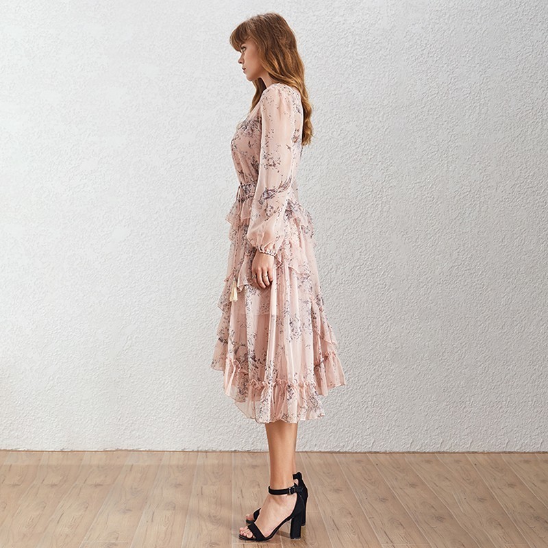 TWOTWINSTYLE-Vintage-Asymmetrical-Women-Dress-O-Neck-Long-Sleeve-High-Waist-Tassel-Bandage-Loose-Print-Midi