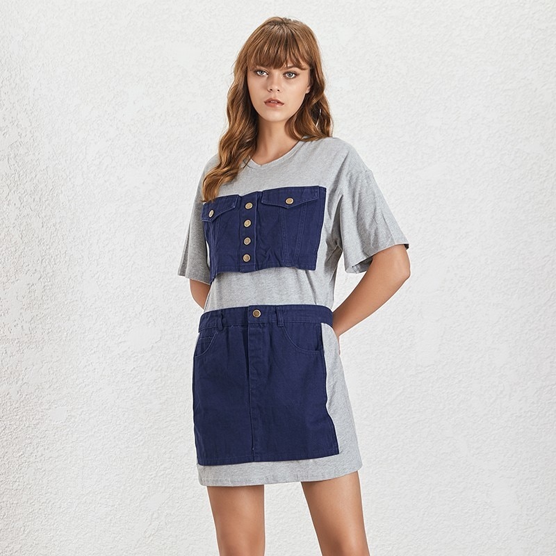 Robe Tee Shirt Courte Tablier Patchwork Denim SUE