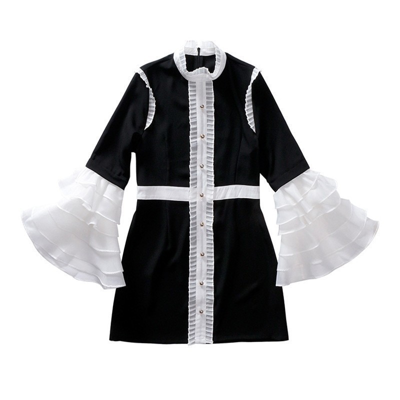 TWOTWINSTYLE-Patchwork-Dress-Female-Tunic-Ruffles-Flare-Sleeve-High-Waist-Mini-Party-Dresses-Stand-Collar-Autumn