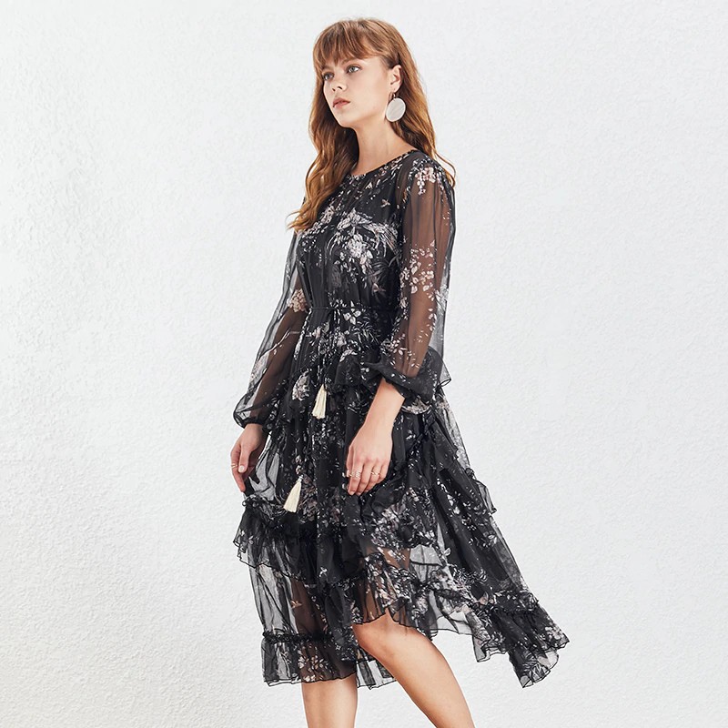 Robe Florale Asymétrique à Pompons MARTY 2 Coloris