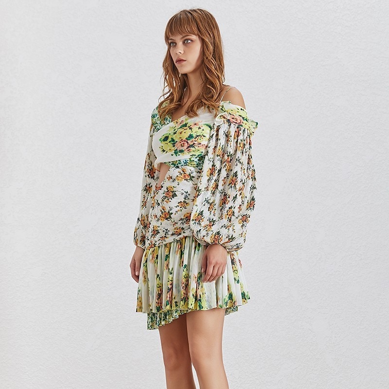 Deuxtwinstyle-imprimer-hors-paule-femmes-robe-lanterne-manches-taille-haute-vider-Mini-robes-femme-d-t