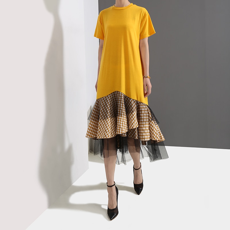 2019-Style-cor-en-femmes-t-jaune-Robe-manches-courtes-volants-ourlet-et-maille-filles-mignon